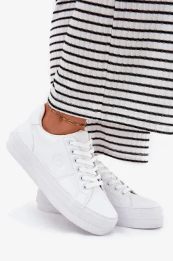 Eko Skórzane Trampki Damskie Na Platformie Big Star RR274298 Białe