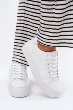 Eko Skórzane Trampki Damskie Na Platformie Big Star RR274298 Białe