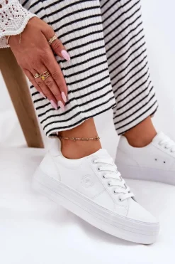 Eko Skórzane Trampki Damskie Na Platformie Big Star RR274298 Białe