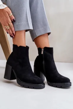 Eko Zamszowe Botki Na Słupku Czarne Cediona