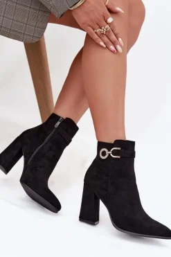 Eko Zamszowe Botki Na Słupku Z Ozdobą Czarne Lymall