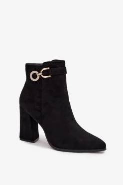 Eko Zamszowe Botki Na Słupku Z Ozdobą Czarne Lymall