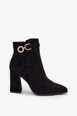 Eko Zamszowe Botki Na Słupku Z Ozdobą Czarne Lymall