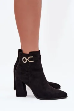 Eko Zamszowe Botki Na Słupku Z Ozdobą Czarne Lymall