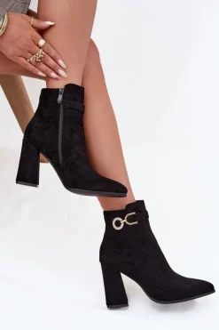 Eko Zamszowe Botki Na Słupku Z Ozdobą Czarne Lymall