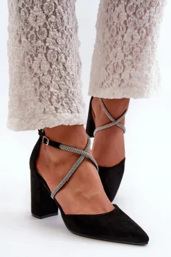 Eko Zamszowe Czółenka Na Słupku Z Cyrkoniami Czarne Lagra