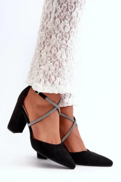 Eko Zamszowe Czółenka Na Słupku Z Cyrkoniami Czarne Lagra