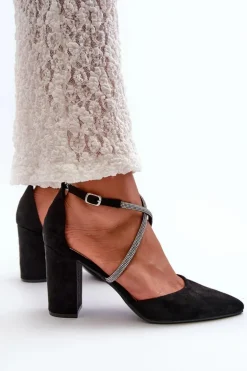 Eko Zamszowe Czółenka Na Słupku Z Cyrkoniami Czarne Lagra