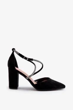 Eko Zamszowe Czółenka Na Słupku Z Cyrkoniami Czarne Lagra