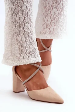 Eko Zamszowe Czółenka Na Słupku Z Cyrkoniami Beżowe Lagra