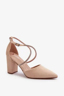 Eko Zamszowe Czółenka Na Słupku Z Cyrkoniami Beżowe Lagra