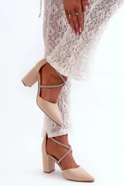 Eko Zamszowe Czółenka Na Słupku Z Cyrkoniami Beżowe Lagra