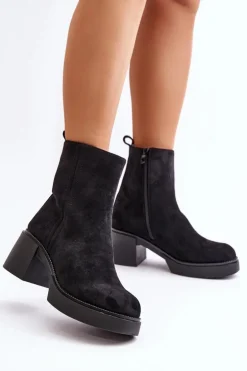 Eko Zamszowe Damskie Botki Na Słupku Ocieplane Czarne Meriluna