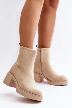 Eko Zamszowe Damskie Botki Na Słupku Ocieplane Jasnobeżowe Meriluna II-gat