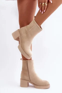 Eko Zamszowe Damskie Botki Na Słupku Ocieplane Jasnobeżowe Meriluna II-gat