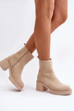 Eko Zamszowe Damskie Botki Na Słupku Ocieplane Jasnobeżowe Meriluna II-gat