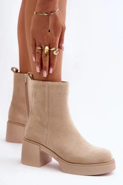 Eko Zamszowe Damskie Botki Na Słupku Ocieplane Jasnobeżowe Meriluna II-gat