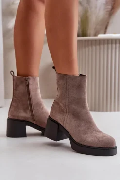 Eko Zamszowe Damskie Botki Na Słupku Ocieplane Ciemnobeżowe Meriluna