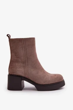 Eko Zamszowe Damskie Botki Na Słupku Ocieplane Ciemnobeżowe Meriluna