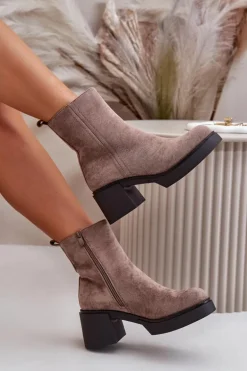 Eko Zamszowe Damskie Botki Na Słupku Ocieplane Ciemnobeżowe Meriluna