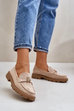 Eko Zamszowe Damskie Mokasyny Z Misiem Beżowe Kaithra