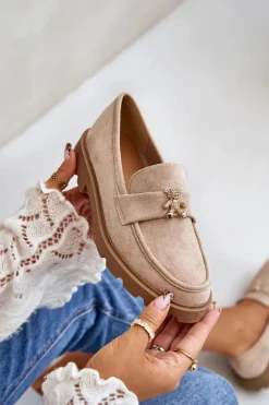 Eko Zamszowe Damskie Mokasyny Z Misiem Beżowe Kaithra