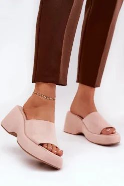 Eko Zamszowe Klapki Damskie Na Platformie I Koturnie Różowe Afisal