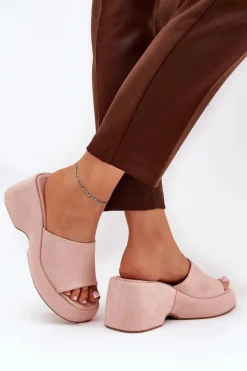 Eko Zamszowe Klapki Damskie Na Platformie I Koturnie Różowe Afisal