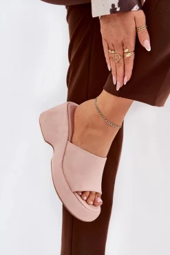 Eko Zamszowe Klapki Damskie Na Platformie I Koturnie Różowe Afisal