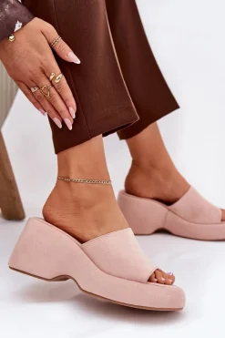 Eko Zamszowe Klapki Damskie Na Platformie I Koturnie Różowe Afisal