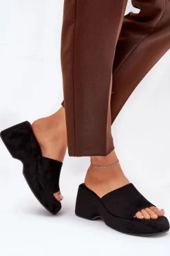 Eko Zamszowe Klapki Damskie Na Platformie I Koturnie Czarne Afisal