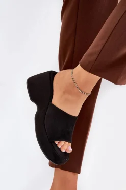 Eko Zamszowe Klapki Damskie Na Platformie I Koturnie Czarne Afisal