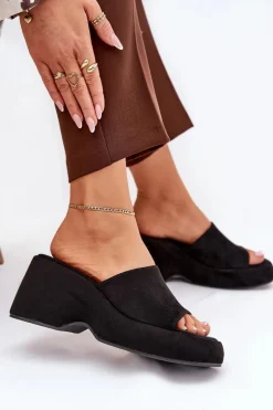 Eko Zamszowe Klapki Damskie Na Platformie I Koturnie Czarne Afisal