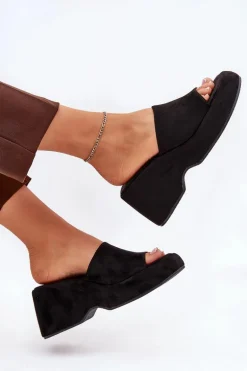 Eko Zamszowe Klapki Damskie Na Platformie I Koturnie Czarne Afisal