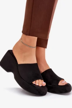 Eko Zamszowe Klapki Damskie Na Platformie I Koturnie Czarne Afisal