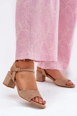 Eko Zamszowe Klasyczne Sandały Damskie Na Obcasie Beżowe Zarnella