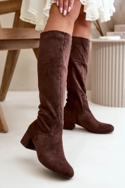 Eko Zamszowe Kozaki Damskie Przed Kolano Na Zamek Brązowe Elitara