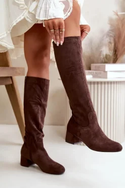 Eko Zamszowe Kozaki Damskie Przed Kolano Na Zamek Brązowe Elitara