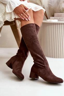 Eko Zamszowe Kozaki Damskie Przed Kolano Na Zamek Brązowe Elitara