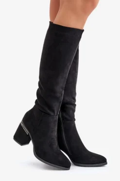 Eko Zamszowe Kozaki Damskie Przed Kolano Na Słupku Ocieplane Vinceza 16473 Czarne
