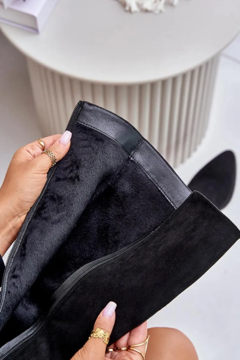 Eko Zamszowe Kozaki Damskie Przed Kolano Na Słupku Ocieplane Vinceza 16473 Czarne