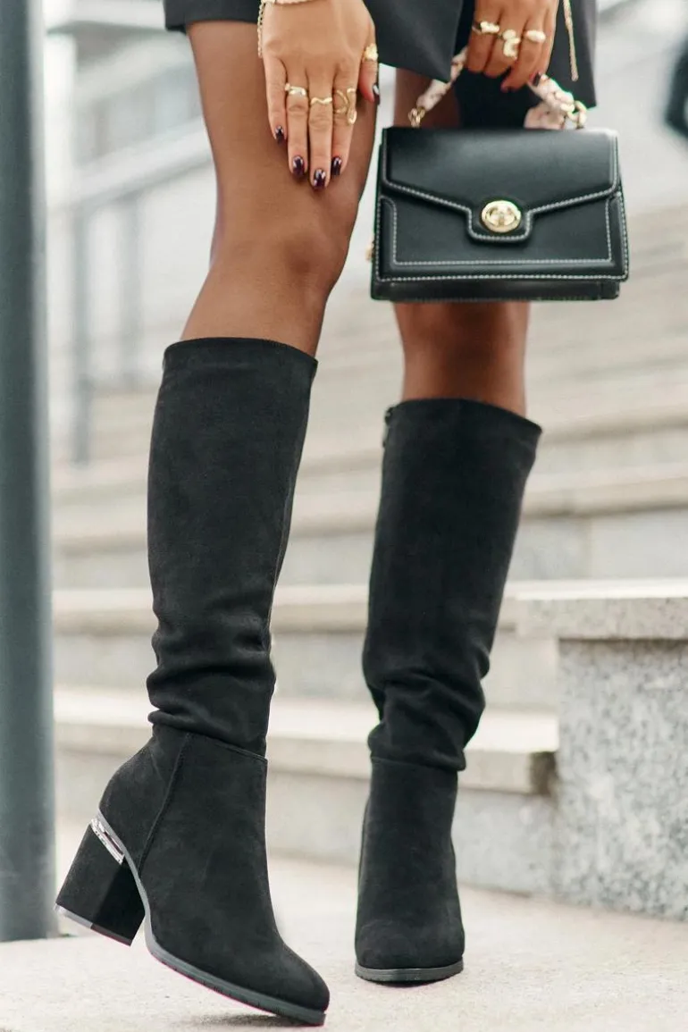 Eko Zamszowe Kozaki Damskie Przed Kolano Na Słupku Ocieplane Vinceza 16473 Czarne