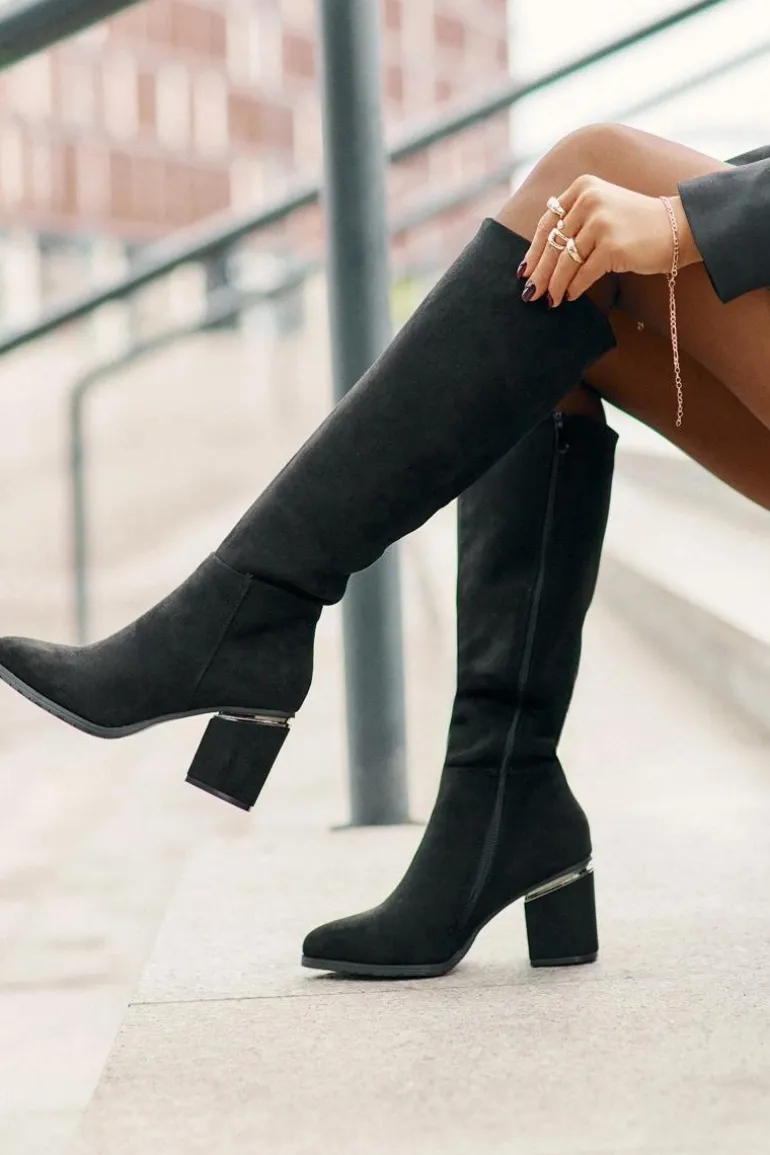 Eko Zamszowe Kozaki Damskie Przed Kolano Na Słupku Ocieplane Vinceza 16473 Czarne