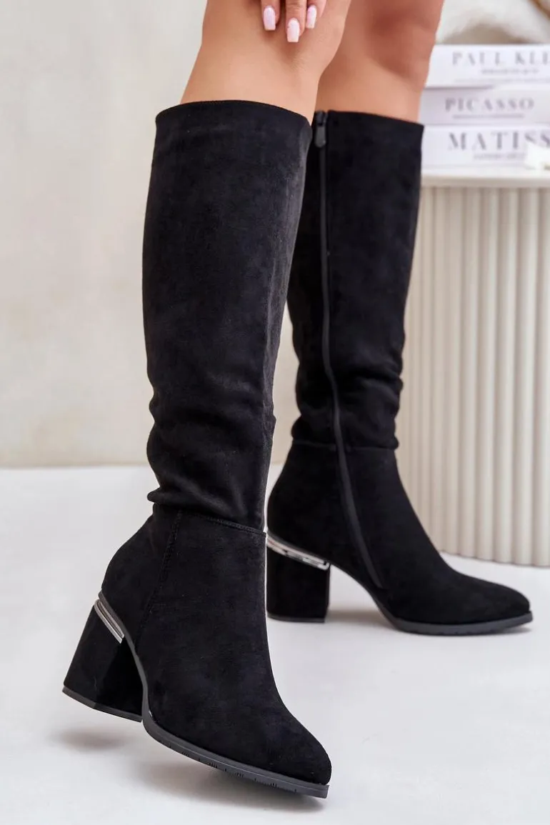 Eko Zamszowe Kozaki Damskie Przed Kolano Na Słupku Ocieplane Vinceza 16473 Czarne