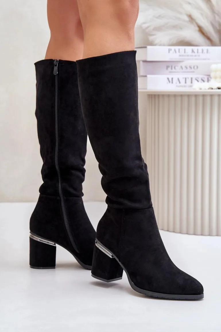 Eko Zamszowe Kozaki Damskie Przed Kolano Na Słupku Ocieplane Vinceza 16473 Czarne