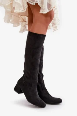 Eko Zamszowe Kozaki Damskie Przed Kolano Na Zamek Czarne Elitara