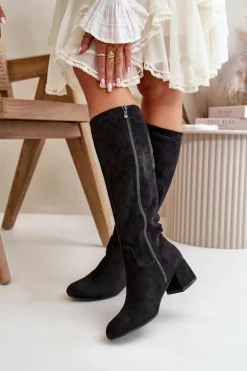 Eko Zamszowe Kozaki Damskie Przed Kolano Na Zamek Czarne Elitara
