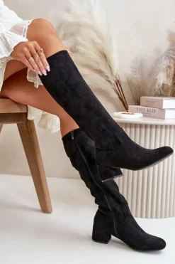 Eko Zamszowe Kozaki Damskie Przed Kolano Na Zamek Czarne Elitara