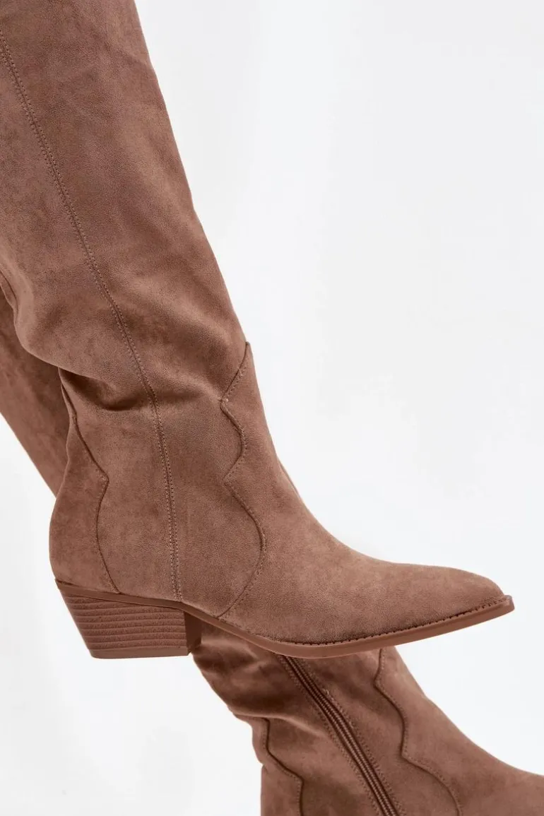 Eko Zamszowe Kozaki Kowbojki Damskie Na Obcasie Beżowe Jenaya