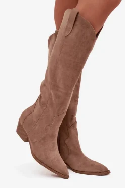 Eko Zamszowe Kozaki Kowbojki Damskie Na Obcasie Beżowe Jenaya